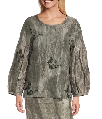 Bryn Walker Memory Crunch Marble Print Crew Neck Long Sleeve Taffeta Lantern Shirt