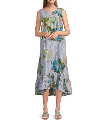 Bryn Walker Memory Crunch Taffeta Angelina Printed Round Neck Sleeveless Hi-Low Hem Dress