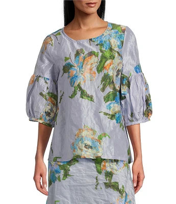 Bryn Walker Memory Crunch Taffeta Printed Round Neck 3/4 Sleeve Lantern Shirt