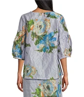 Bryn Walker Memory Crunch Taffeta Printed Round Neck 3/4 Sleeve Lantern Shirt