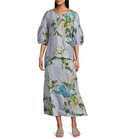 Bryn Walker Memory Crunch Taffeta Printed Round Neck 3/4 Sleeve Lantern Shirt