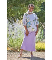 Bryn Walker Memory Crunch Taffeta Printed Round Neck 3/4 Sleeve Lantern Shirt