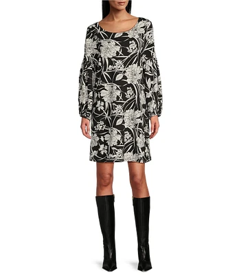 Bryn Walker Modal Ponti Floral Print Round Neck Long Sleeve Lantern Dress