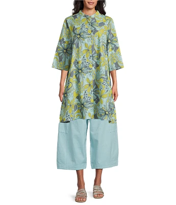 Bryn Walker Organic Cotton Poplin Floral Mandarin Neck Elbow Sleeve Button Front Tunic