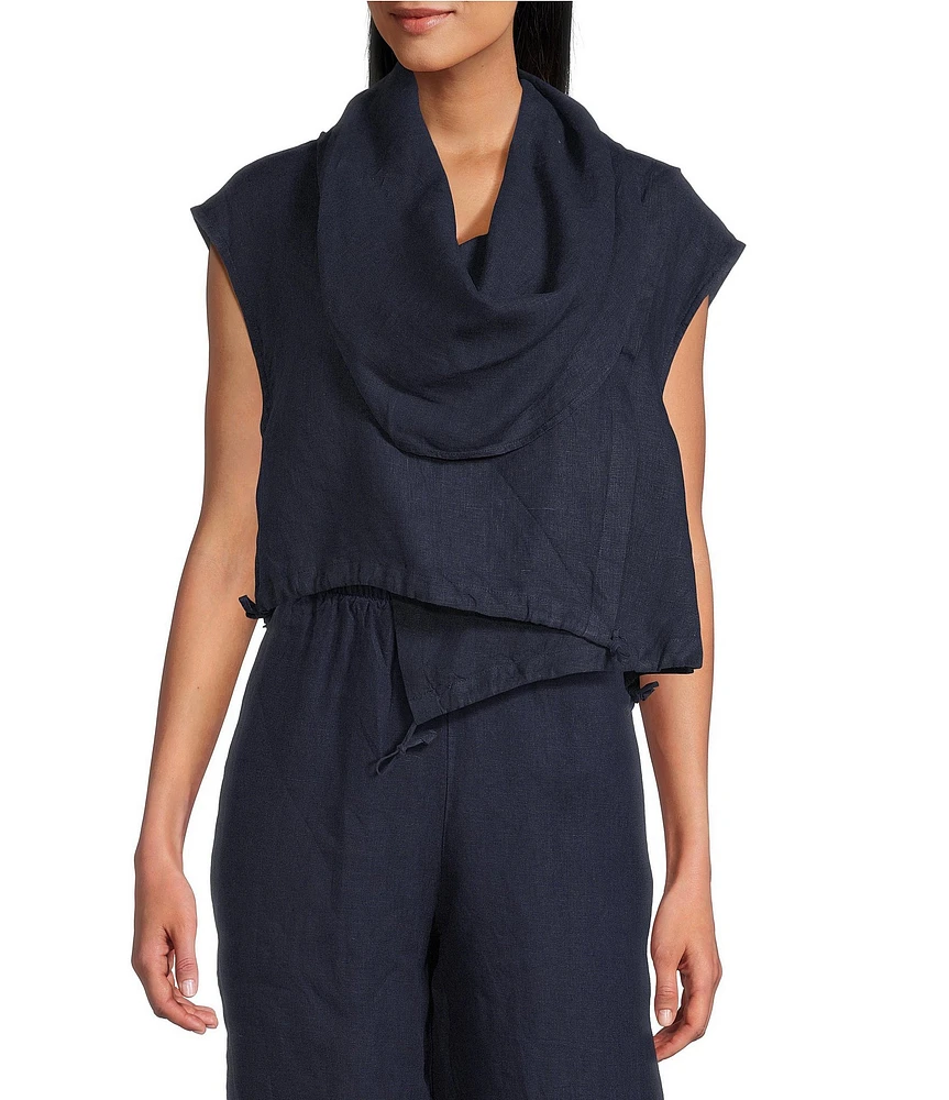 Bryn Walker Pennie Light Linen Cowl Neck Cap Sleeve Asymmetrical Hem Cropped Vest