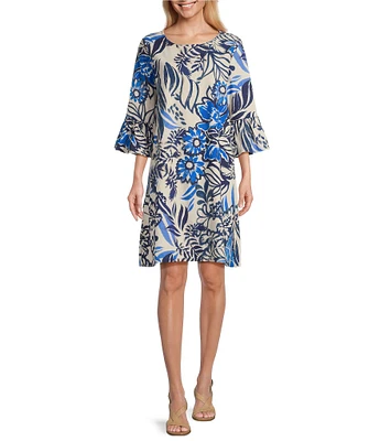 Bryn Walker Phryne Azzurra Print Round Neck 3/4 Ruffle Sleeve Shift Dress