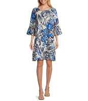 Bryn Walker Phryne Azzurra Print Round Neck 3/4 Ruffle Sleeve Shift Dress