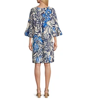 Bryn Walker Phryne Azzurra Print Round Neck 3/4 Ruffle Sleeve Shift Dress