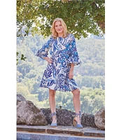 Bryn Walker Phryne Azzurra Print Round Neck 3/4 Ruffle Sleeve Shift Dress