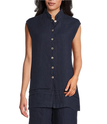 Bryn Walker Pintuck Light Linen Mandarin Collar Sleeveless Button Front Tunic