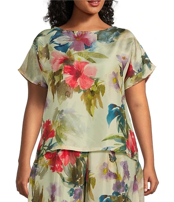 Bryn Walker Plus Bess Fiori Print Round Neck Short Sleeve Shirt