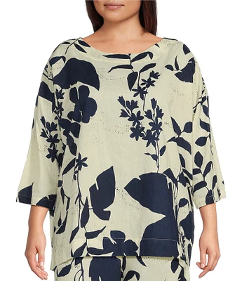 Bryn Walker Plus Coordinating Foglie Print Boat Neck 3/4 Sleeve Resort Shirt