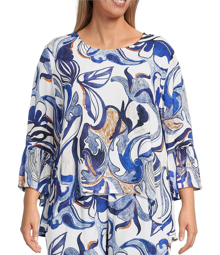 Bryn Walker Plus Fran Printed Round Neck 3/4 Ruffle Bell Sleeve Top