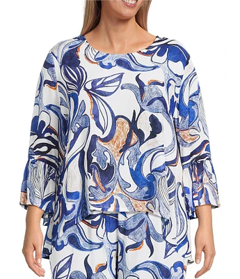 Bryn Walker Plus Fran Printed Round Neck 3/4 Ruffle Bell Sleeve Top