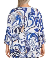 Bryn Walker Plus Fran Printed Round Neck 3/4 Ruffle Bell Sleeve Top