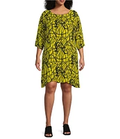 Bryn Walker Plus Hester Netta Print Rayon Crepe Round Neck Long 3/4 Sleeve Dress