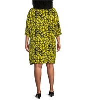 Bryn Walker Plus Hester Netta Print Rayon Crepe Round Neck Long 3/4 Sleeve Dress