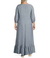 Bryn Walker Plus Lana Cross-Dyed Linen V-Neck 3/4 Sleeve Ruffle Hem Dress