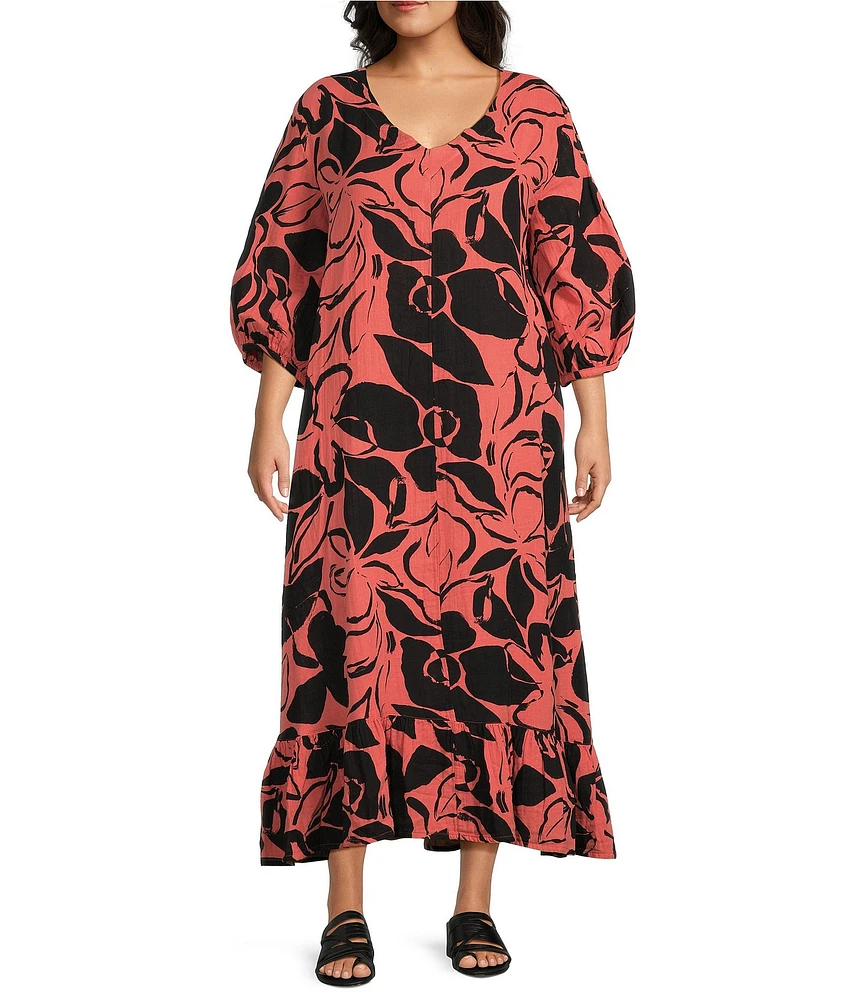 Bryn Walker Plus Lana Petali Print Gauze V-Neck 3/4 Sleeve Ruffle Hem Maxi Dress