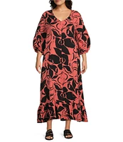 Bryn Walker Plus Lana Petali Print Gauze V-Neck 3/4 Sleeve Ruffle Hem Maxi Dress
