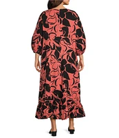 Bryn Walker Plus Lana Petali Print Gauze V-Neck 3/4 Sleeve Ruffle Hem Maxi Dress