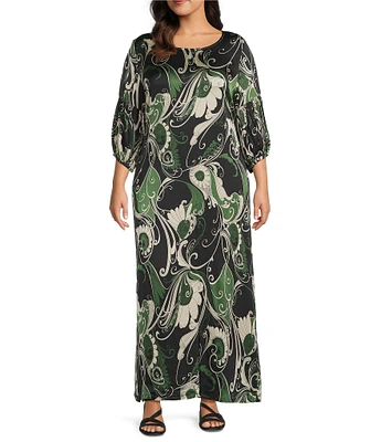 Bryn Walker Plus Size Lanterna Giardino Viscose Satin Round Neck 3/4 Sleeve Dress