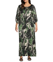 Bryn Walker Plus Size Lanterna Giardino Viscose Satin Round Neck 3/4 Sleeve Dress