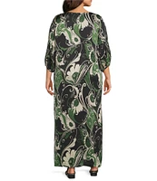 Bryn Walker Plus Size Lanterna Giardino Viscose Satin Round Neck 3/4 Sleeve Dress