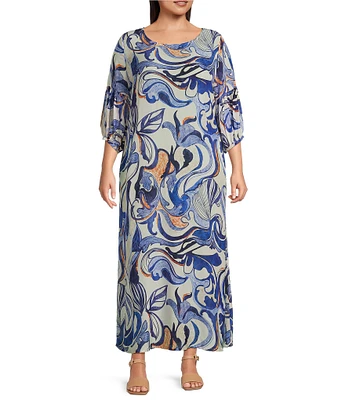 Bryn Walker Plus Lanterna Printed Round Neck 3/4 Sleeve A-Line Dress