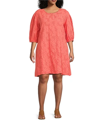 Bryn Walker Plus Lucien Floral Jacquard Round Neck 3/4 Balloon Sleeve Dress