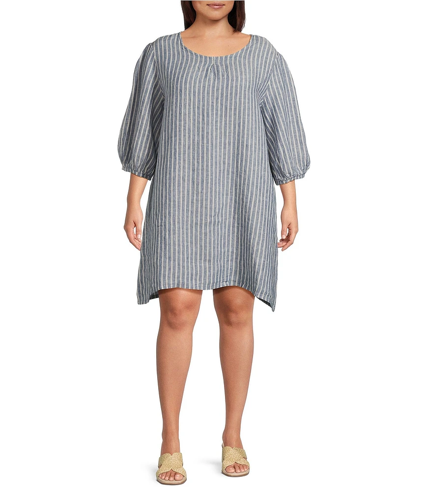 Bryn Walker Plus Lucien Stripe Linen Round Neck 3/4 Balloon Sleeve Dress
