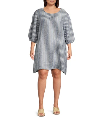 Bryn Walker Plus Lucien Stripe Linen Round Neck 3/4 Balloon Sleeve Dress