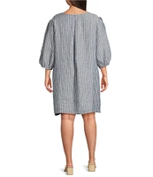 Bryn Walker Plus Lucien Stripe Linen Round Neck 3/4 Balloon Sleeve Dress