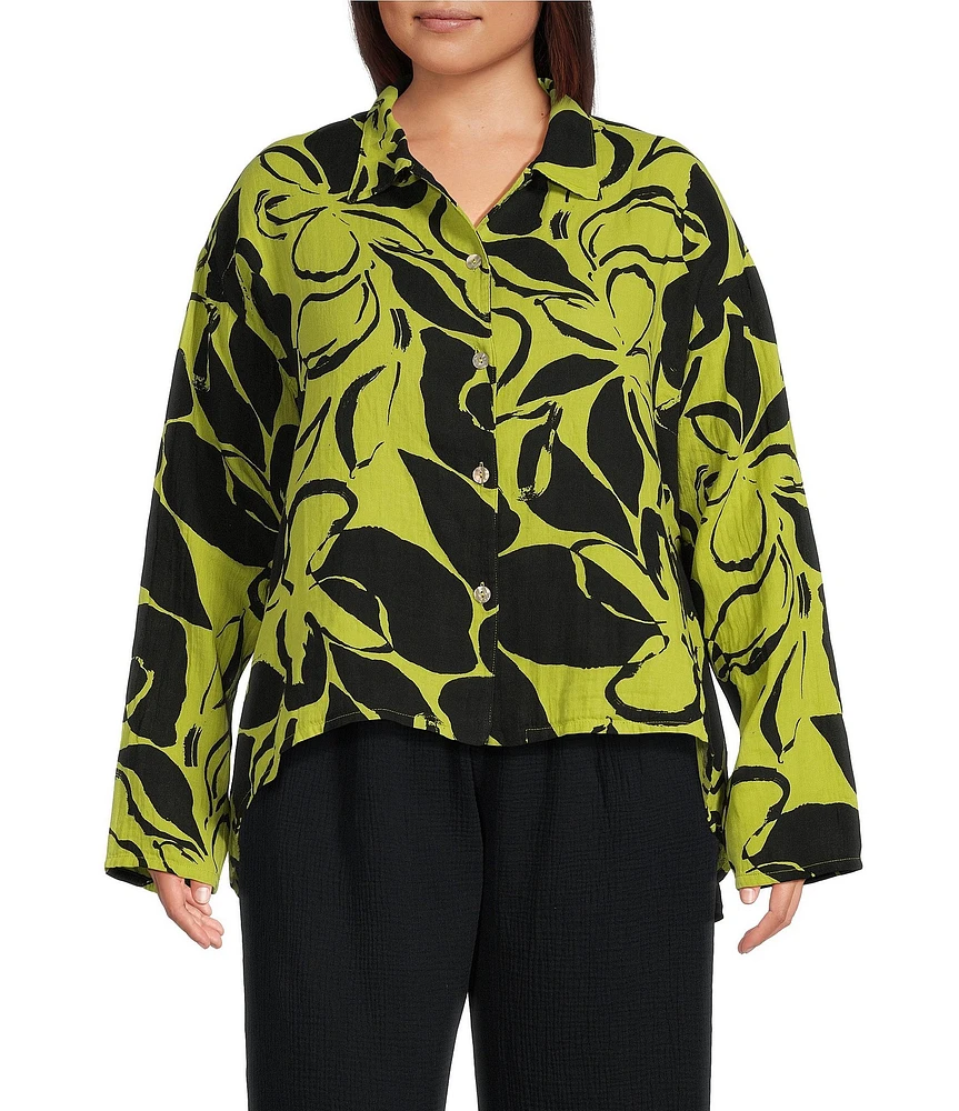 Bryn Walker Plus Miriam Petal Print Gauze Notch Collar 3/4 Sleeve Shirt