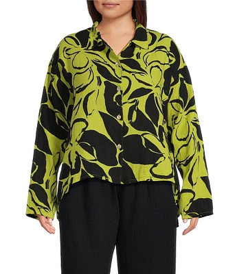 Bryn Walker Plus Miriam Petal Print Gauze Notch Collar 3/4 Sleeve Shirt