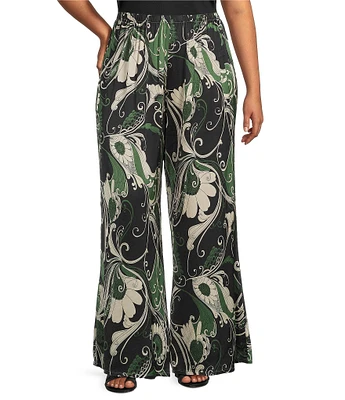 Bryn Walker Plus Osca Giardina Printed Viscose Satin Elastic Waist Full Wide Leg Coordinating Pants
