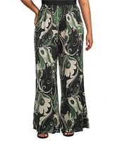 Bryn Walker Plus Osca Giardina Printed Viscose Satin Elastic Waist Full Wide Leg Coordinating Pants