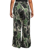 Bryn Walker Plus Osca Giardina Printed Viscose Satin Elastic Waist Full Wide Leg Coordinating Pants