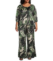 Bryn Walker Plus Osca Giardina Printed Viscose Satin Elastic Waist Full Wide Leg Coordinating Pants