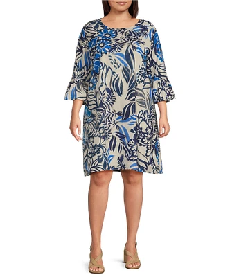 Bryn Walker Plus Phryne Azzurra Print Round Neck 3/4 Ruffle Sleeve Shift Dress