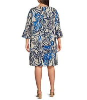 Bryn Walker Plus Phryne Azzurra Print Round Neck 3/4 Ruffle Sleeve Shift Dress