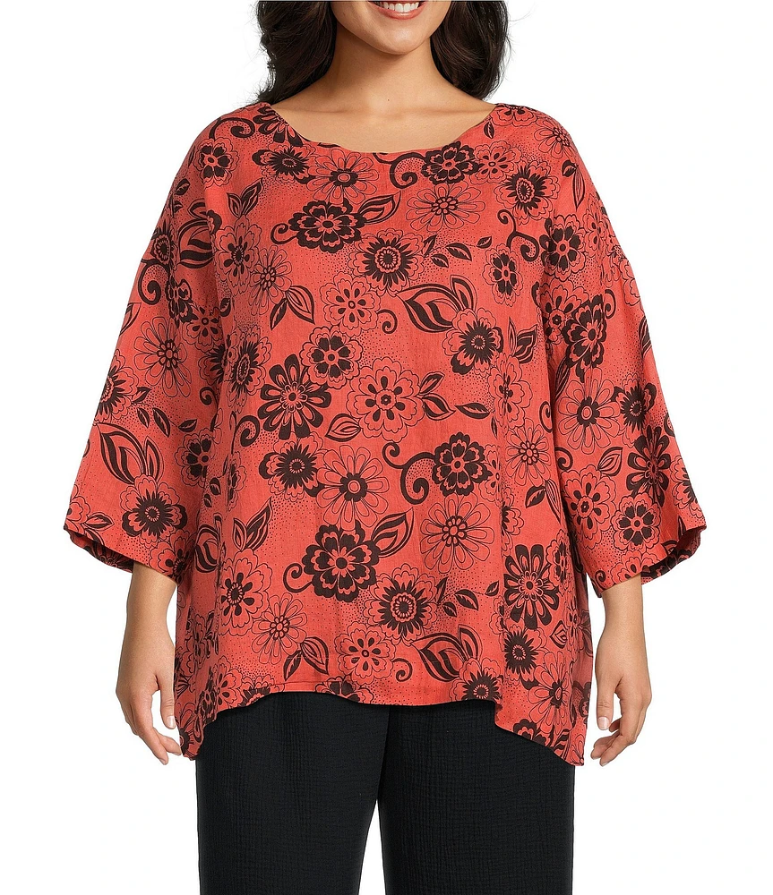 Bryn Walker Plus Resort Floret Print Round Neck 3/4 Sleeve Shirt