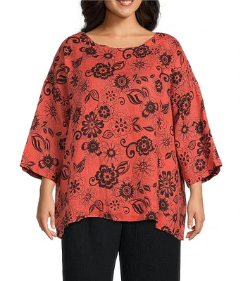 Bryn Walker Plus Resort Floret Print Round Neck 3/4 Sleeve Shirt