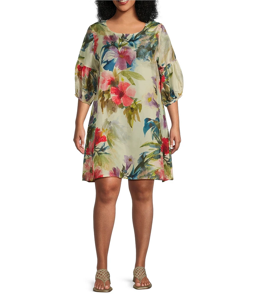 Bryn Walker Plus Silk Fiori Floral Print Round Neck 3/4 Balloon Sleeve Lantern Dress