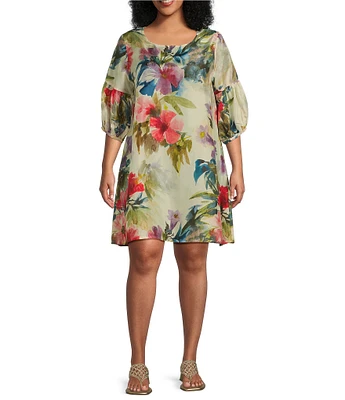 Bryn Walker Plus Silk Fiori Floral Print Round Neck 3/4 Balloon Sleeve Lantern Dress