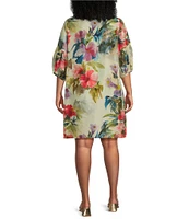 Bryn Walker Plus Silk Fiori Floral Print Round Neck 3/4 Balloon Sleeve Lantern Dress