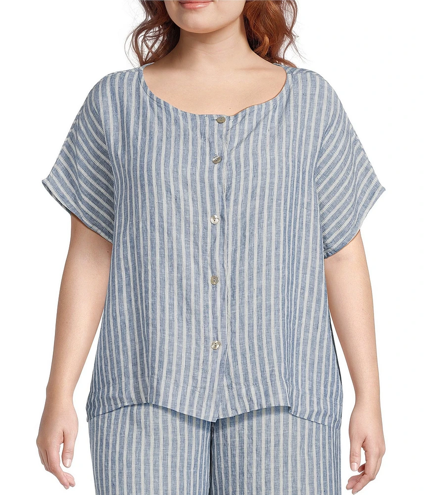 Bryn Walker Plus Size Bessie Stripe Linen Crew Neck Short Sleeve Button Front Coordinating Shirt