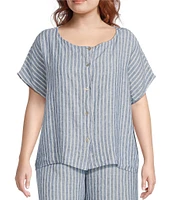 Bryn Walker Plus Size Bessie Stripe Linen Crew Neck Short Sleeve Button Front Coordinating Shirt