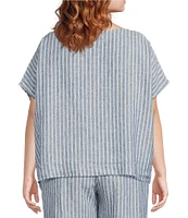 Bryn Walker Plus Size Bessie Stripe Linen Crew Neck Short Sleeve Button Front Coordinating Shirt