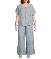 Bryn Walker Plus Size Bessie Stripe Linen Crew Neck Short Sleeve Button Front Coordinating Shirt